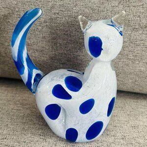 Hand Blown Blue & White Glass Cat Figurine